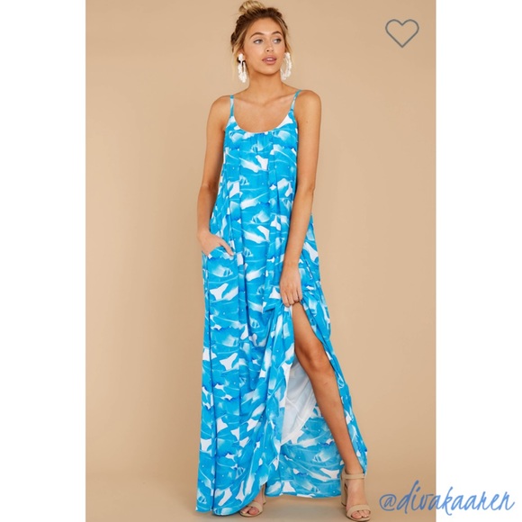 Bright Blue Palm Print Maxi Dress w/Pockets - Picture 3 of 8